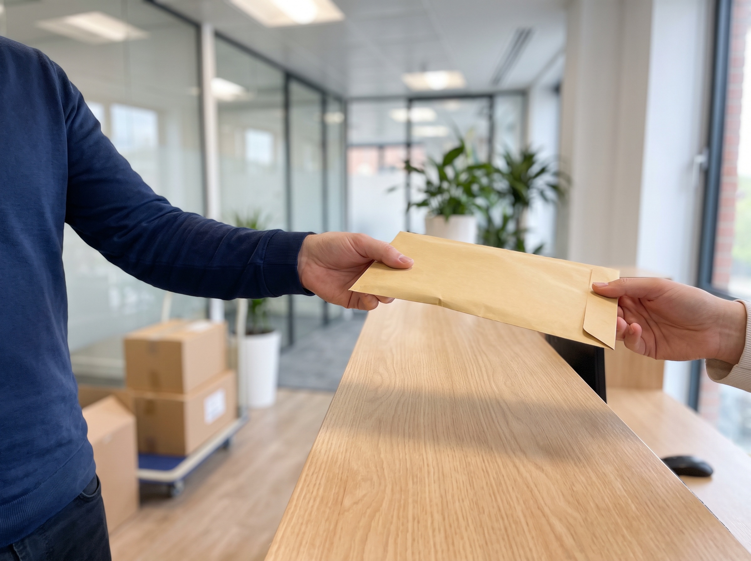 An envelope being handed across an office reception desk
