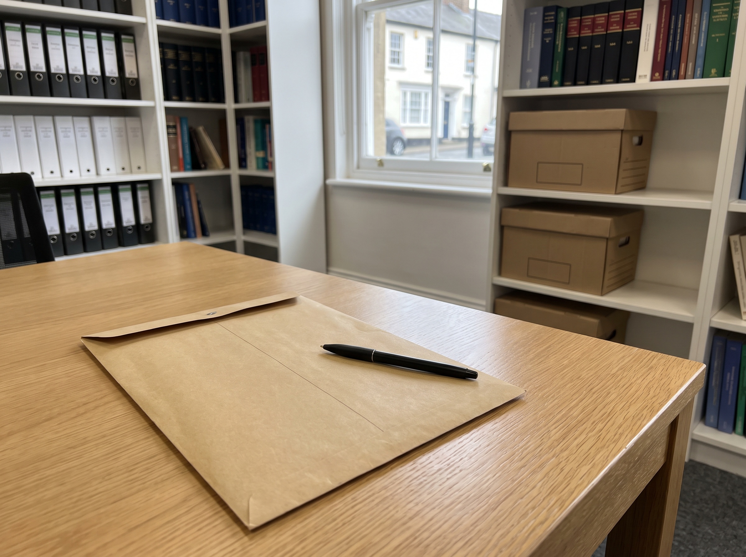 A sealed envelope and pen on a desk in a solicitors office