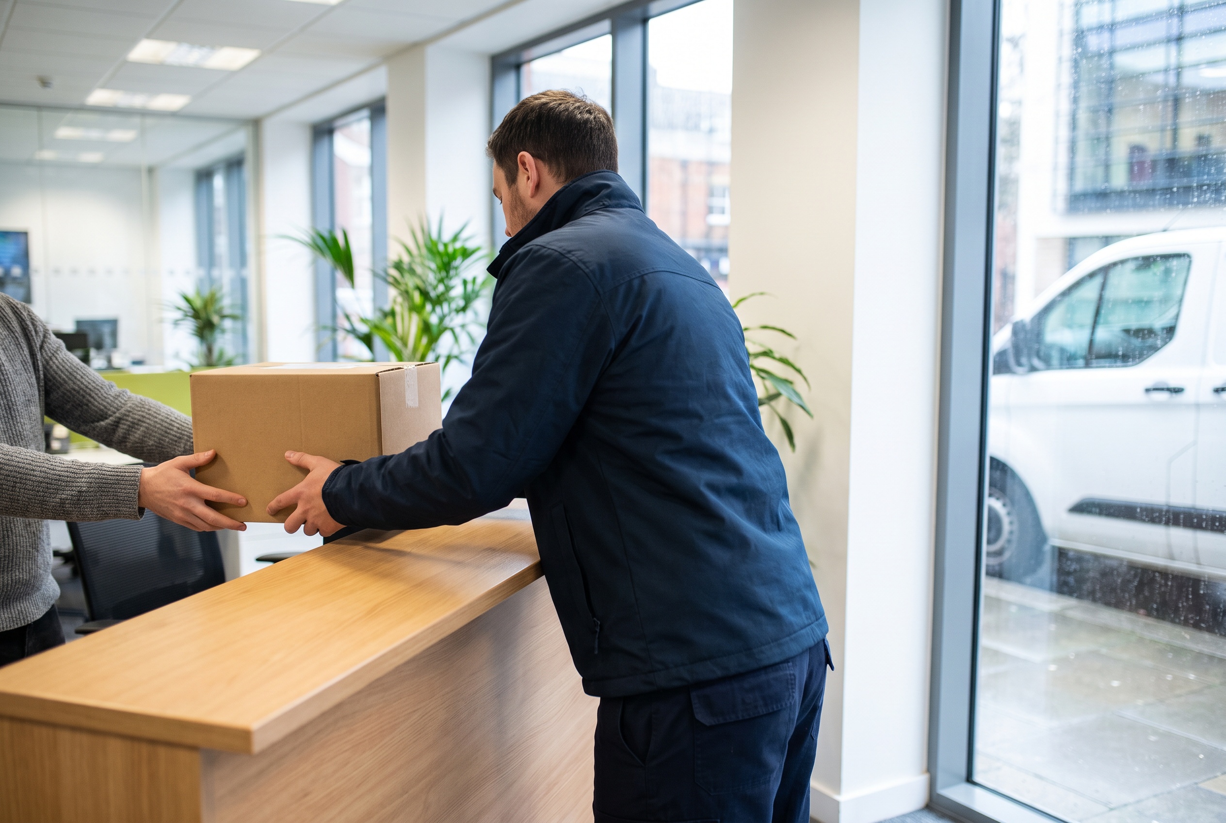 A courier handing a parcel to a receptionist in an office