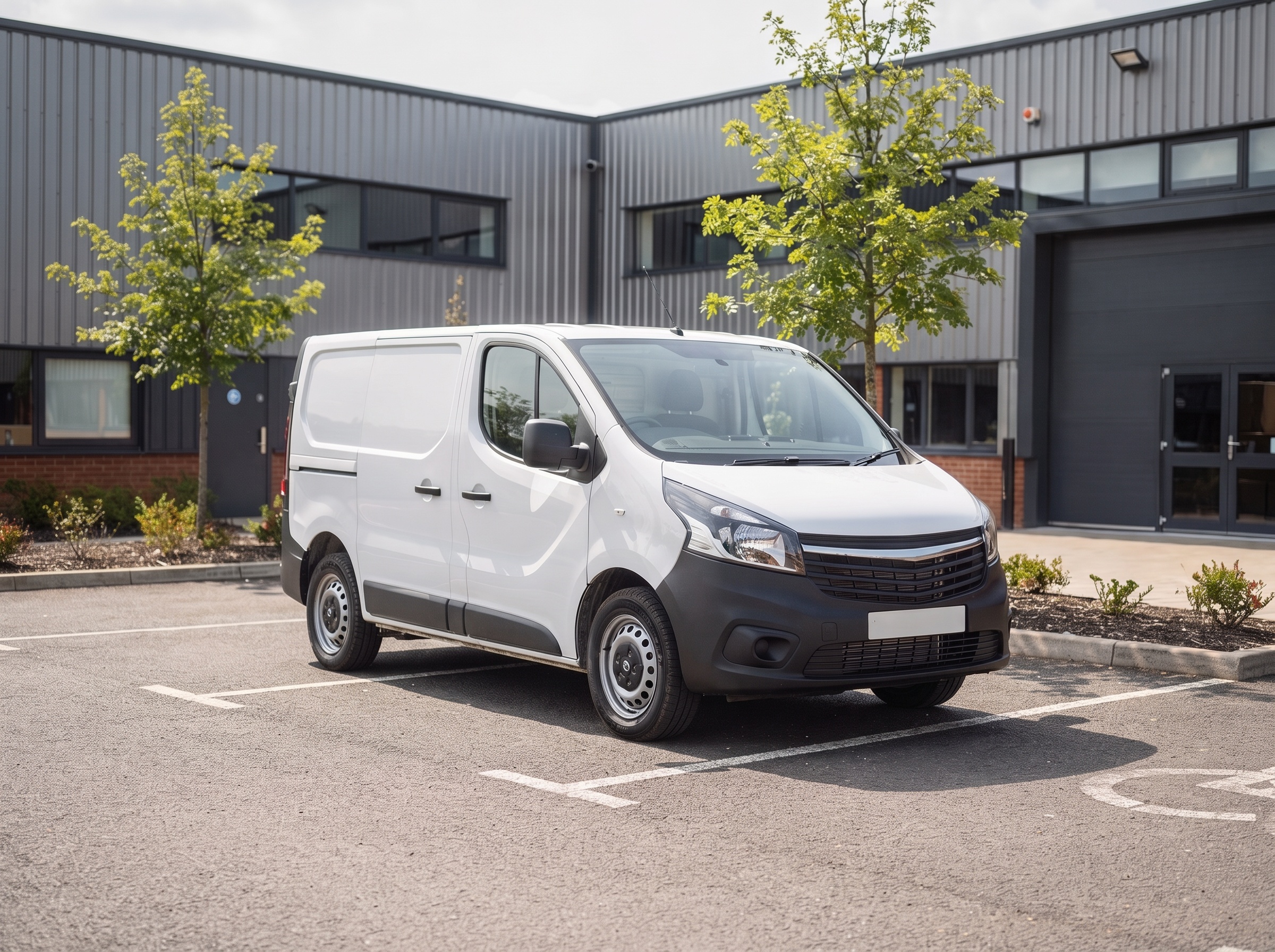 A white van parked outside a modern unit on a business park